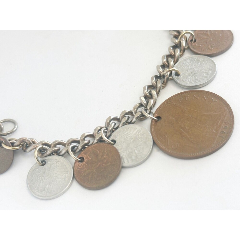 1960s Coin Charm Bracelet Size 7 inch Finland Austria Canada boho festival - Picture 5 of 5